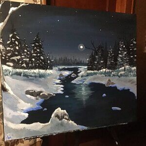 Snowy riverbank in Upper Mi Canvas painting
